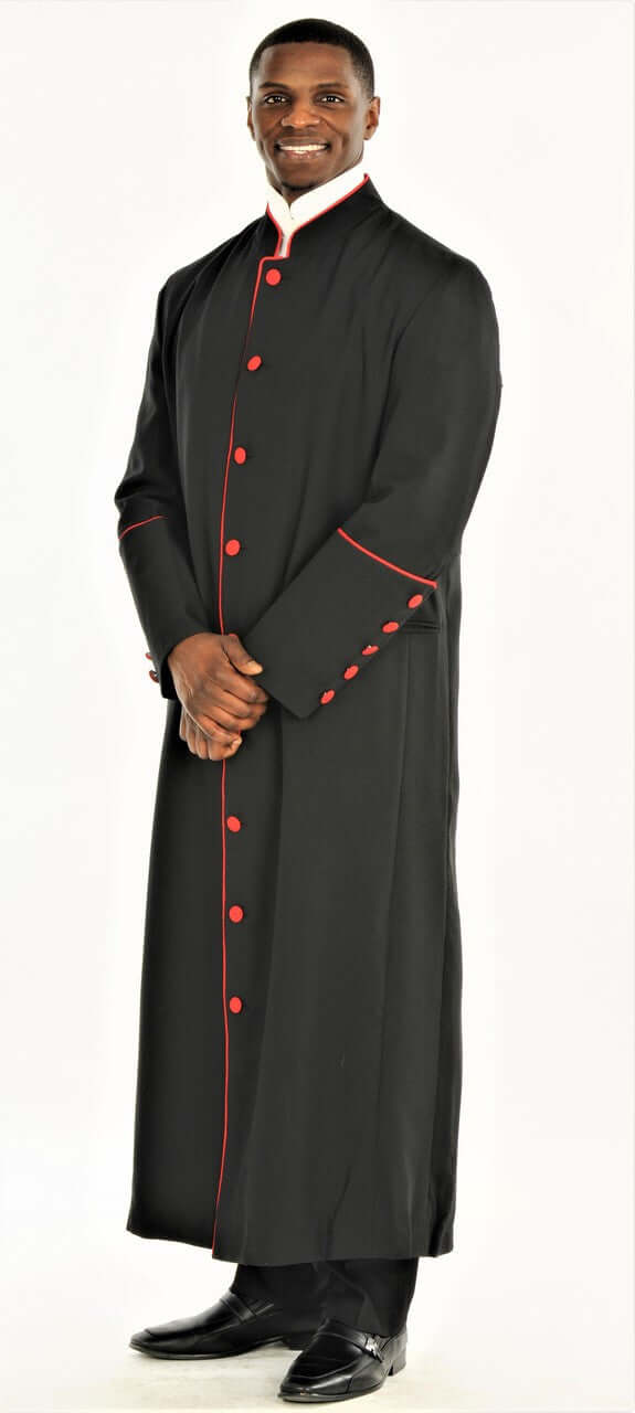 Men's Adam Clergy Robe in Black & Red worn by a man, featuring contrast trim and buttons for a stylish look.