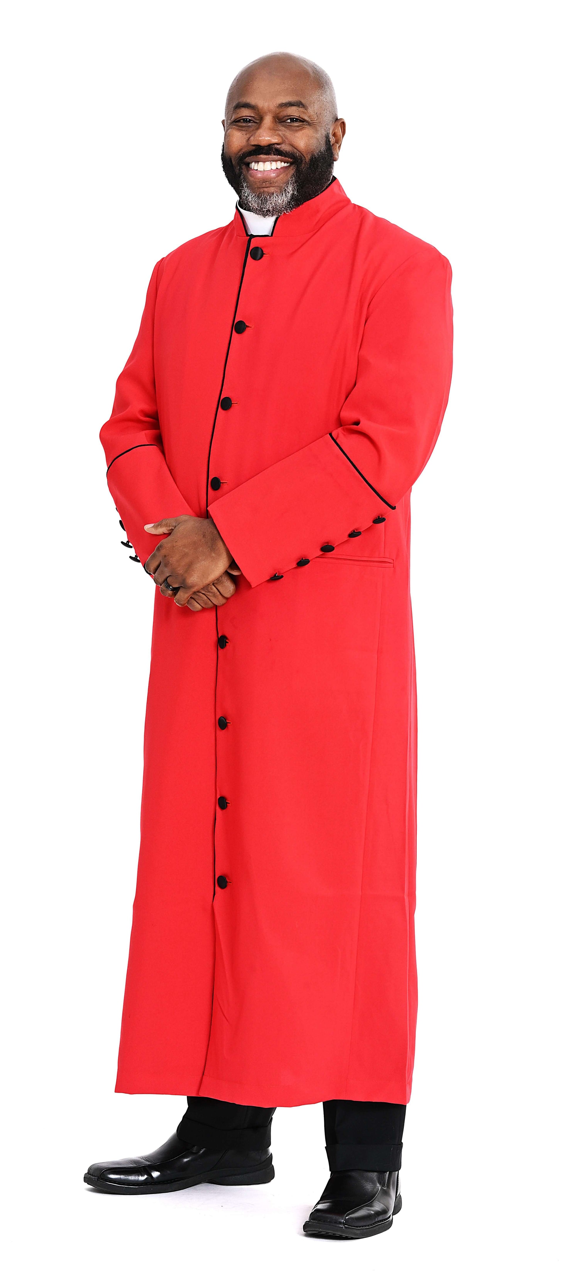 Men's Adam Clergy Robe in Red & Black worn by a smiling man, featuring contrast trim and buttons.