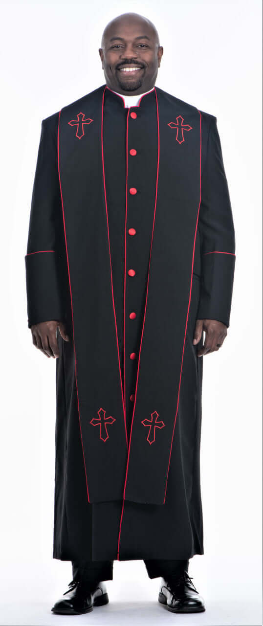 Men's Adam Clergy Robe & Stole in Black & Red, featuring stylish design with contrast piping and buttons.