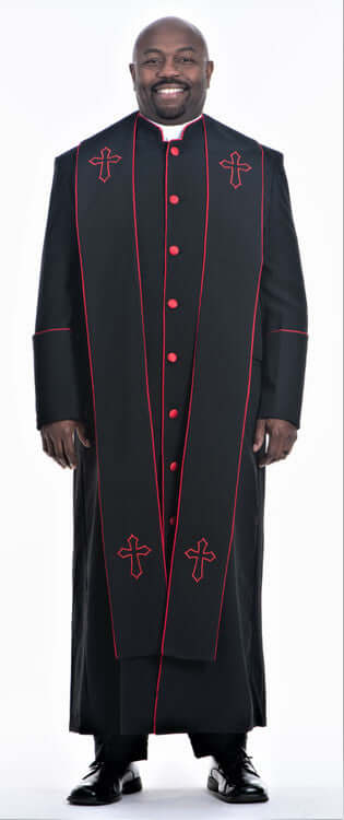 Men's Adam Clergy Robe & Stole in Black & Red worn by a smiling man, showcasing stylish design and contrasting trim.