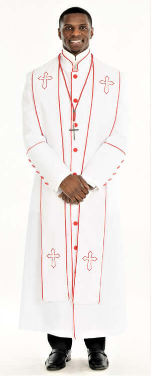 Men's Adam Clergy Robe & Stole in White & Red, full-length robe with red trim and cross details.