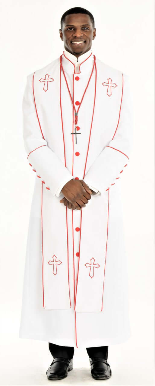 Men's Adam Clergy Robe & Stole in White & Red, stylish full-length robe with red trim and contrasting details.