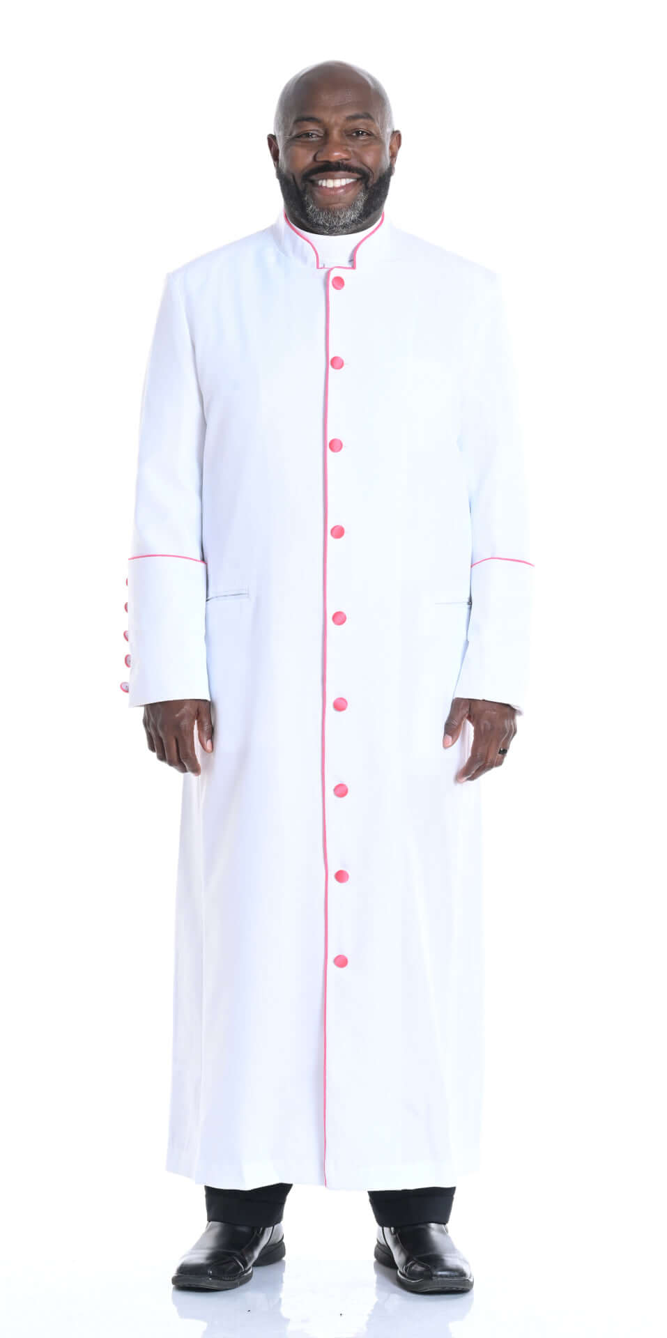 Men's Adam Clergy Robe in White & Fuchsia worn by a smiling man, featuring contrast trim and buttons.