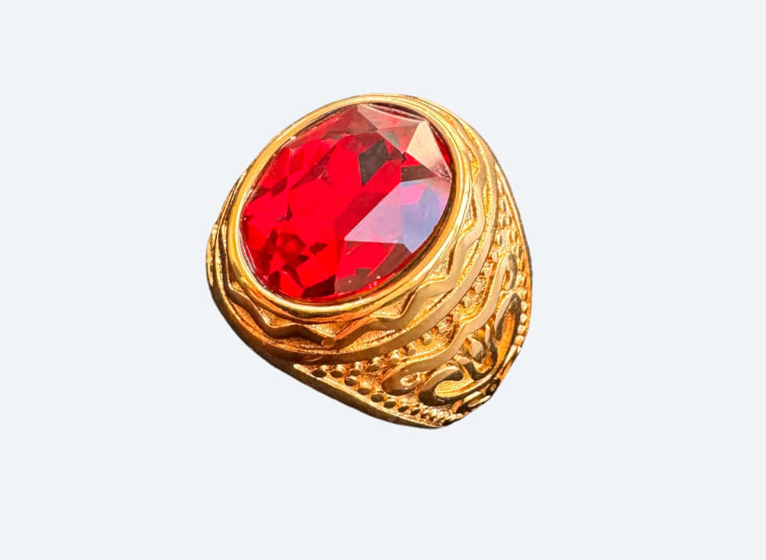 Men's Apostle Ring in Gold & Red with raised tracery and large round red stone, size options 8-14.