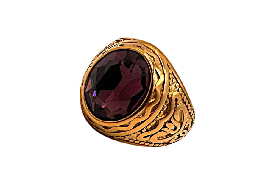 Men's Bishop Ring in Gold & Purple featuring a raised tracery design and a round purple stone.