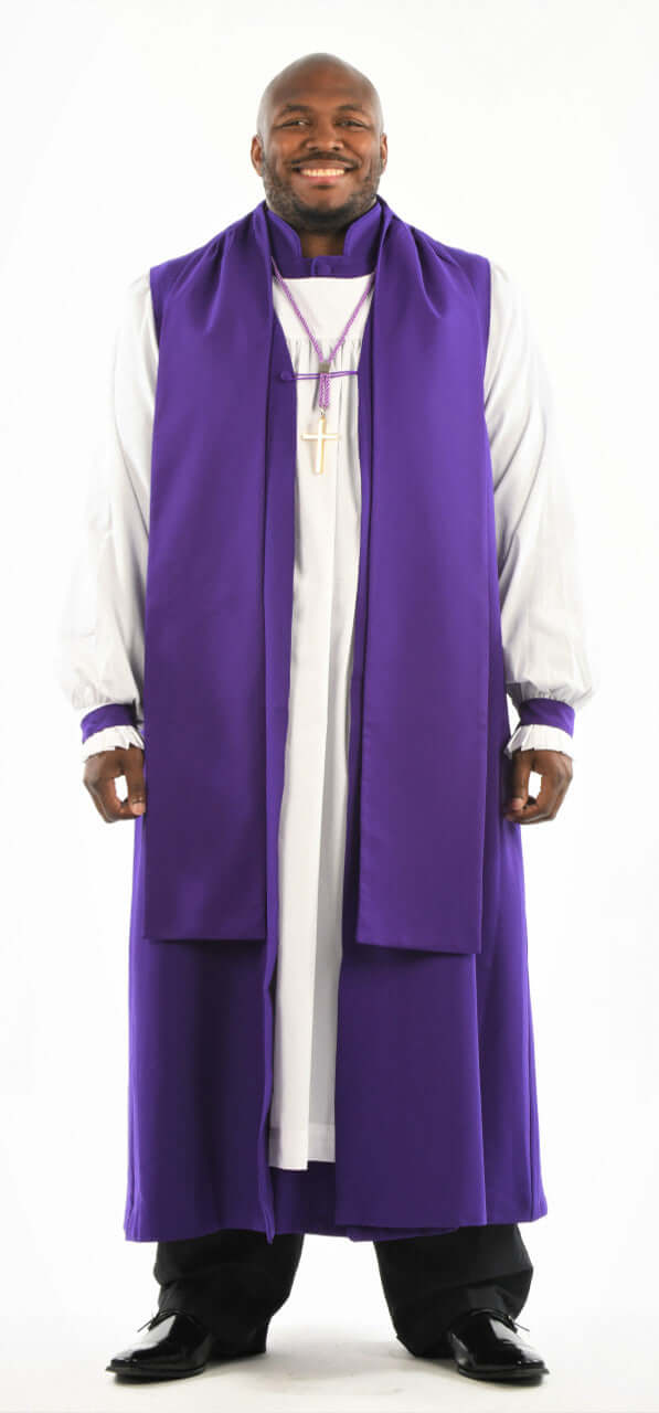 Men's Bishop Vestment In Purple - 8 Pieces Included worn by a man, showcasing the full ceremonial look.
