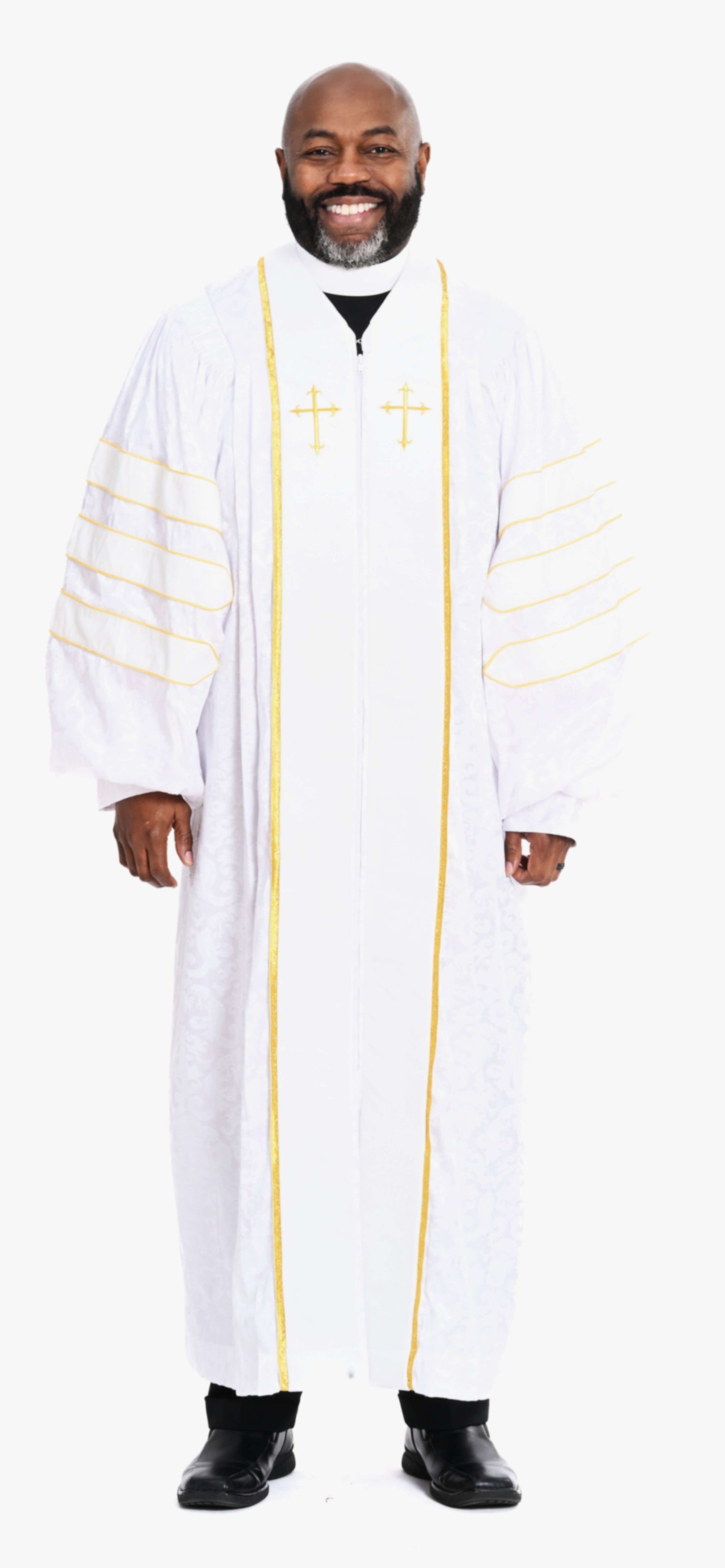 Men's Doctoral RT Wesley Pulpit Robe in White & Gold worn by a man with a smile.