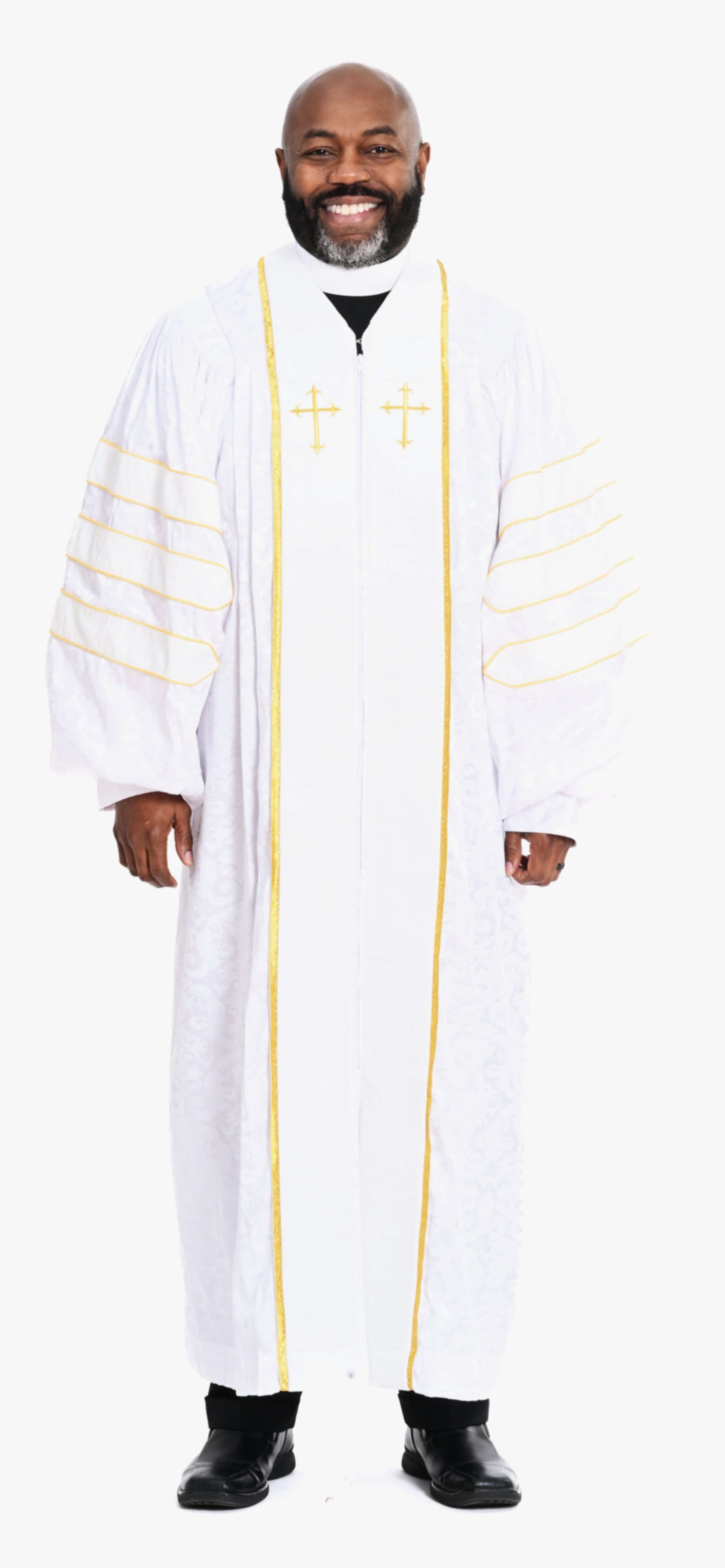Men's Doctoral RT Wesley Pulpit Robe in White & Gold worn by a man with a smile.