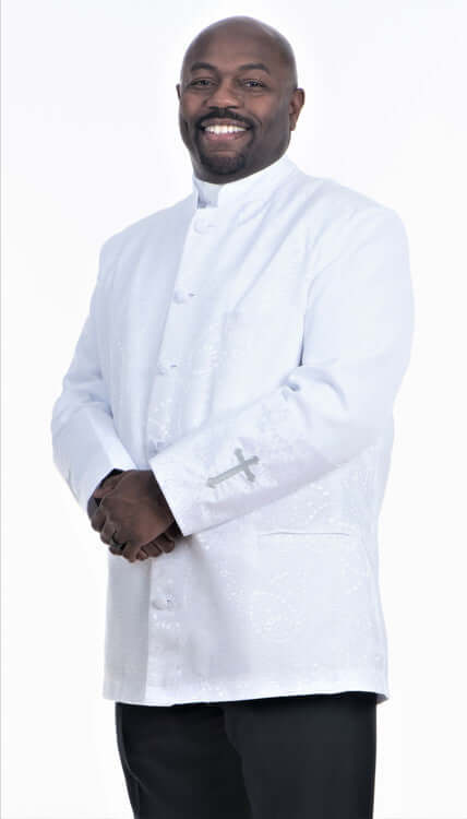Men's Gershon Clergy Jacket In White, featuring an elegant brocade design and embroidered crosses on the sleeve cuffs.