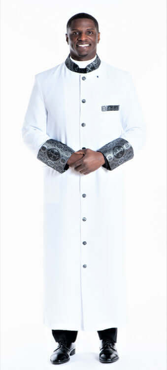 Men's Joseph Clergy Robe In White & Silver displayed on a model, featuring elegant brocade detail and a full cut fit.