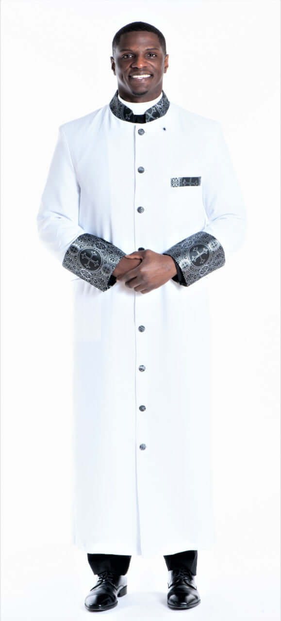 Men's Joseph Clergy Robe In White & Silver worn by a smiling man, featuring ornate black and silver cuffs.