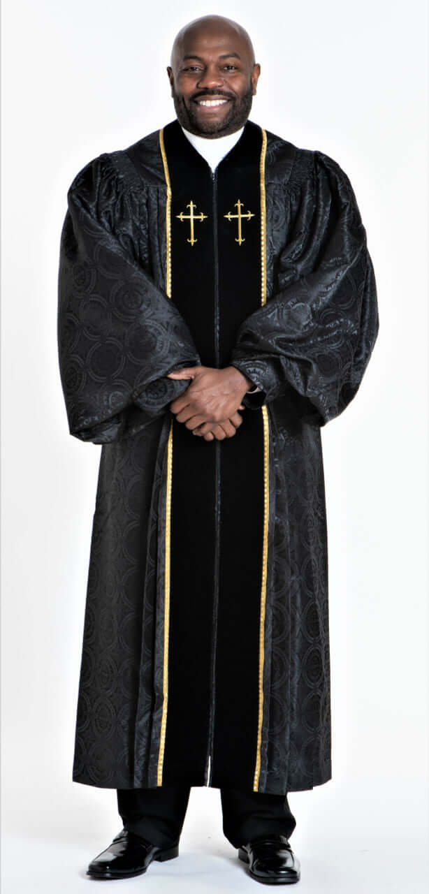 Men's JT Wesley Pulpit Robe in Black & Gold worn by a smiling man, featuring black velvet and gold accents.