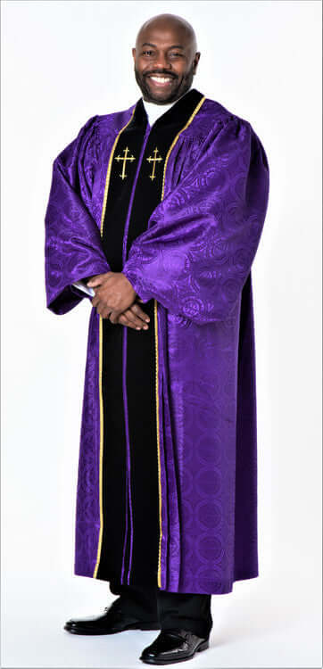 Men's JT Wesley Pulpit Robe in Purple worn by a man, highlighting the detailed design and luxurious material.