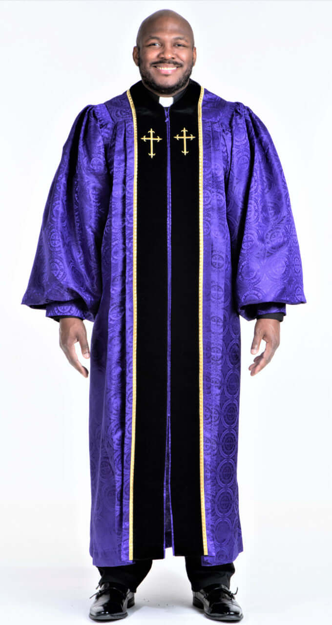Men's JT Wesley Pulpit Robe in Purple worn by a smiling man, featuring black velvet front and gold trim.