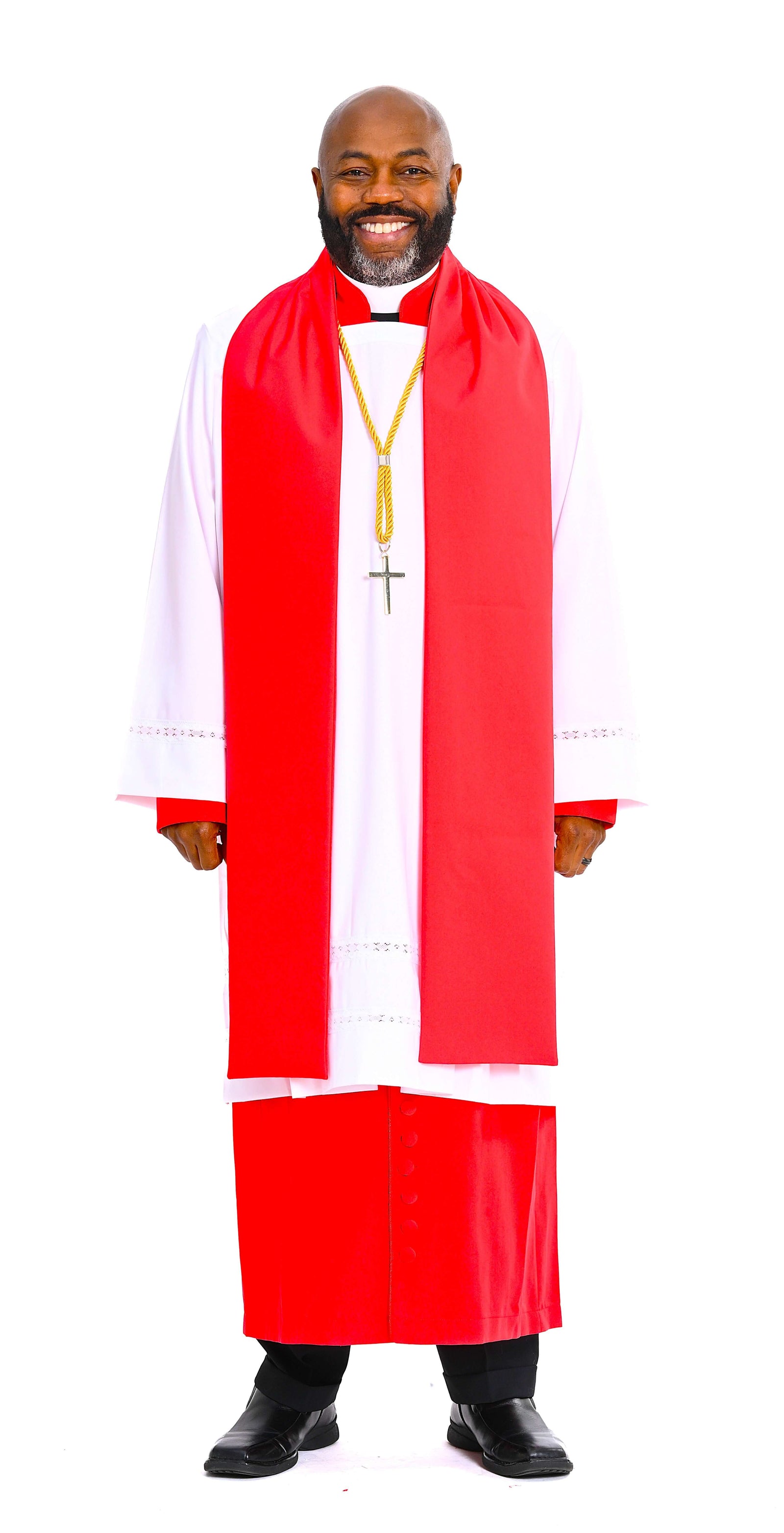 Men's Non-Denominational Vestment in Red - 5 Pieces Included worn by a smiling man.