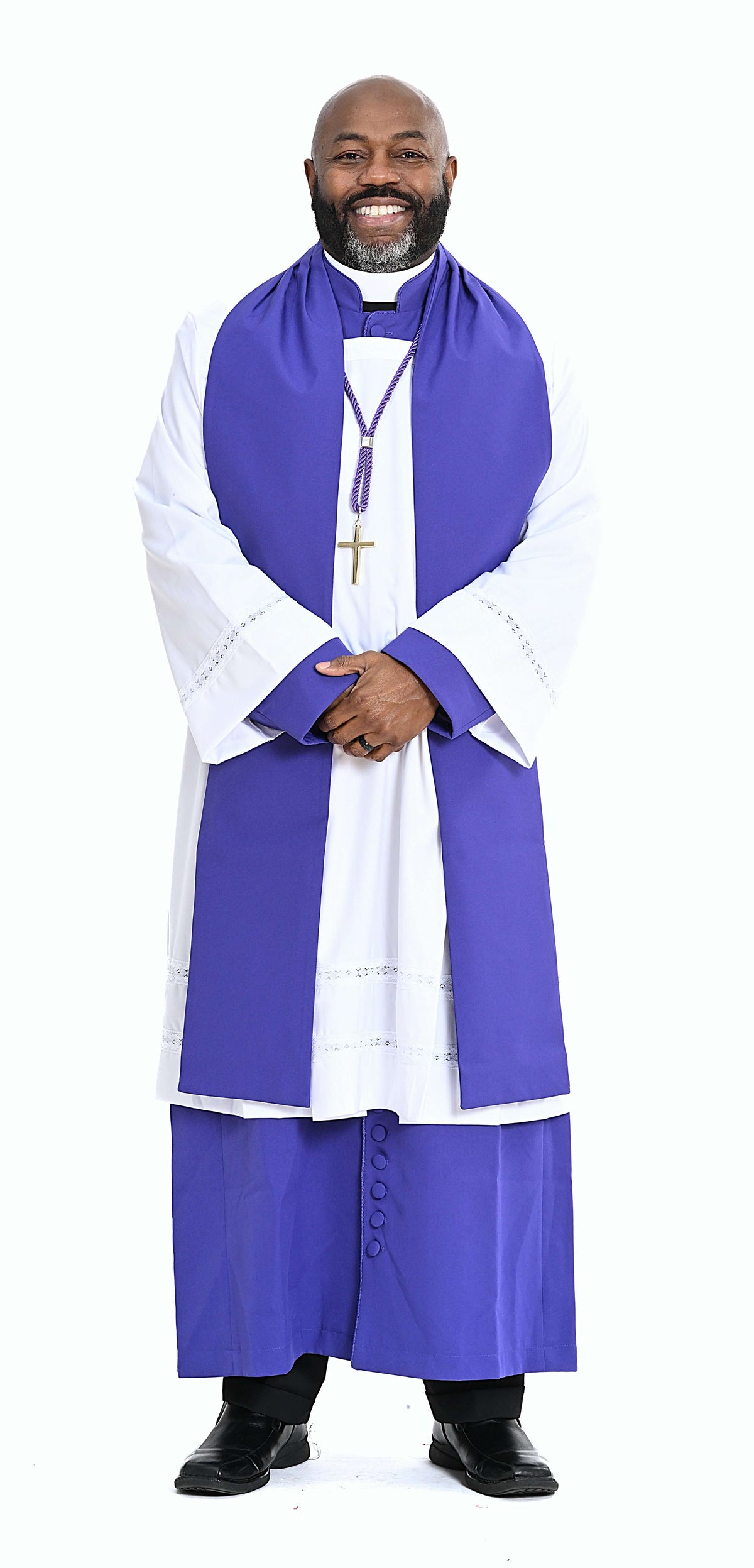 Men's Non-Denominational Vestment in Purple - 5 Pieces Included, showcasing a smiling model wearing the garment.