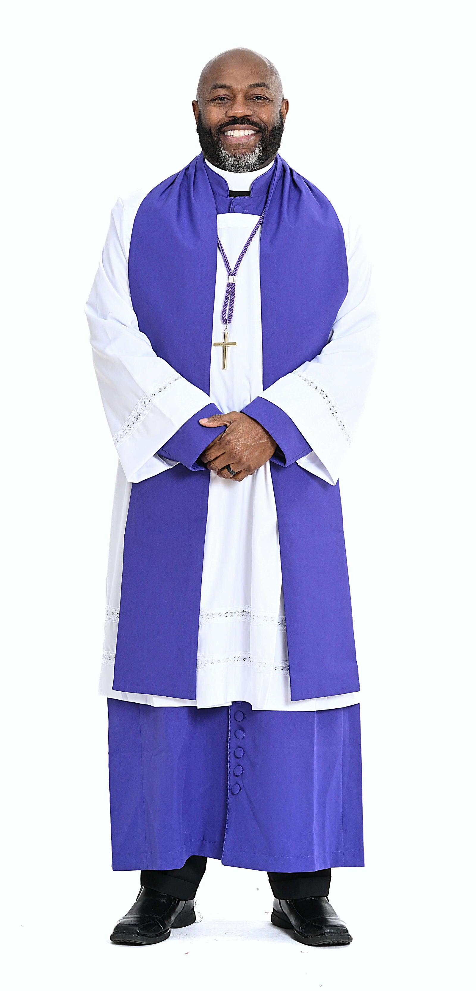 Men's Non-Denominational Vestment in Purple - 5 Pieces Included, showcasing a smiling model wearing the garment.