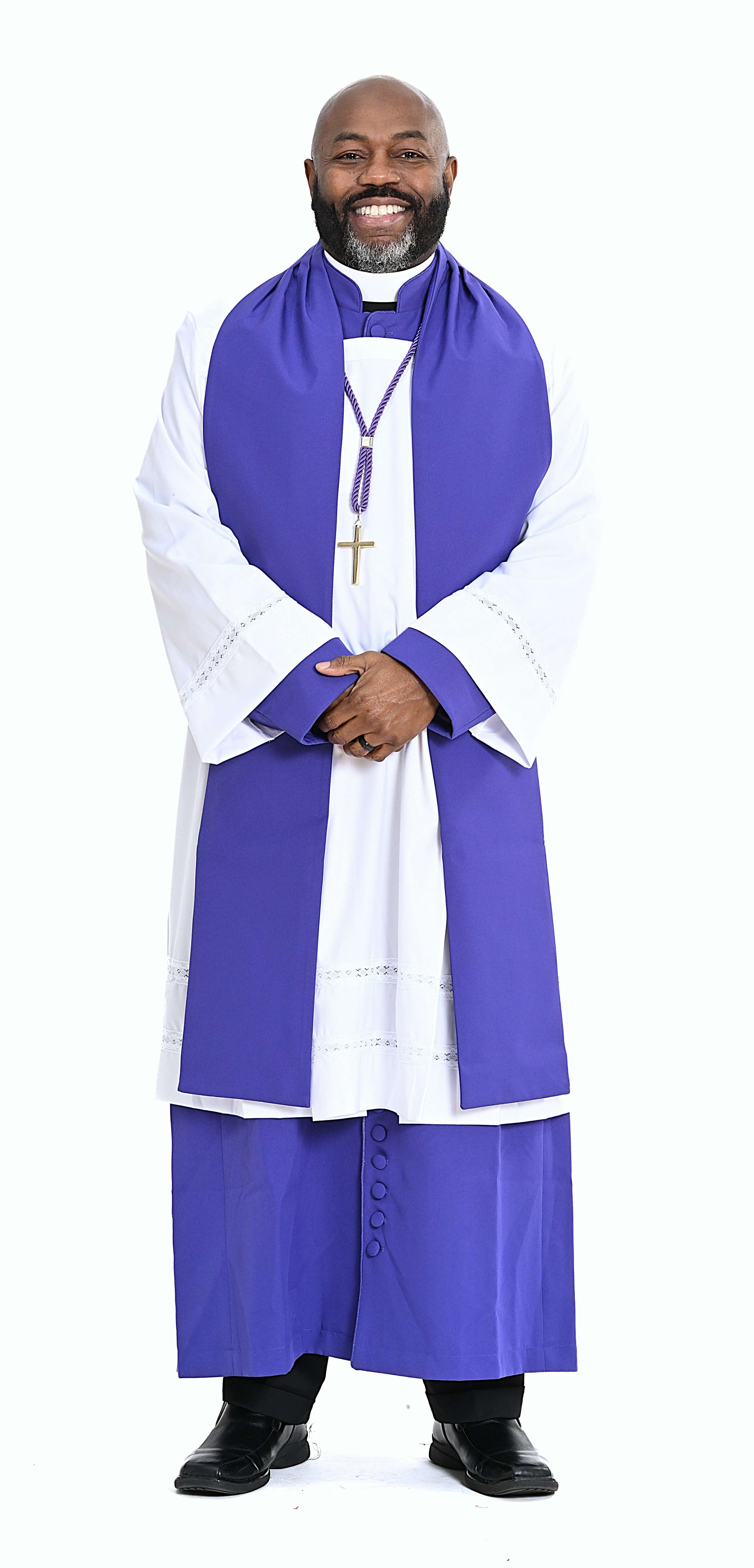 Men's Non-Denominational Vestment in Purple - 5 Pieces Included, showcasing a smiling model wearing the garment.