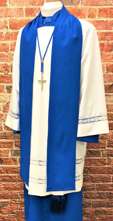 Men's Non-Denominational Vestment in Royal Blue - 5 Pieces Included displayed on a mannequin against a brick wall.