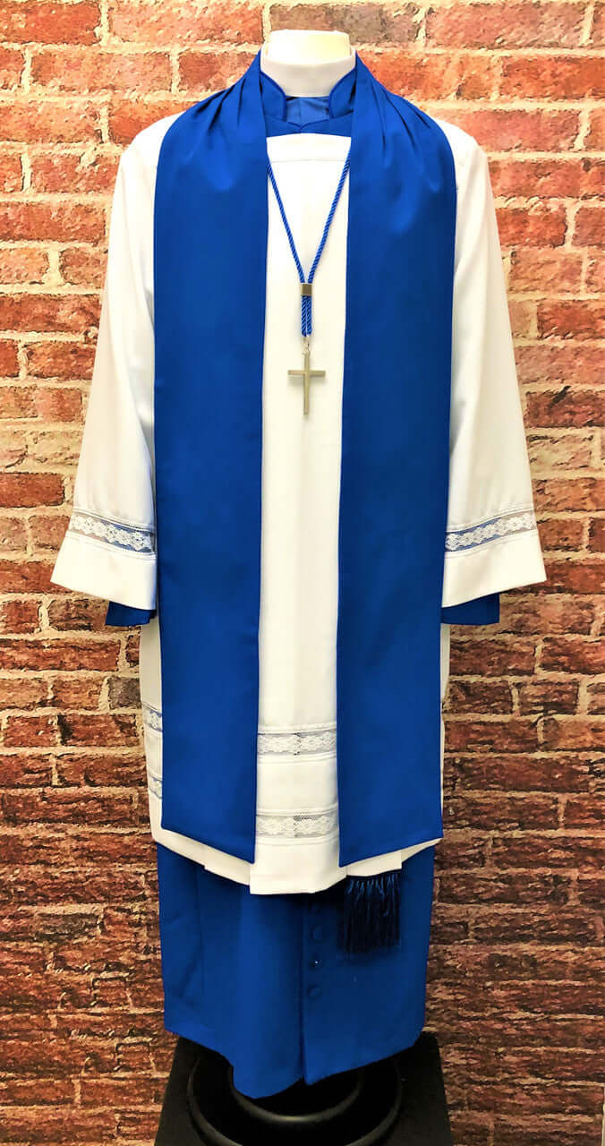 Men's Non-Denominational Vestment in Royal Blue - 5 Pieces Included displayed on a mannequin against a brick wall.
