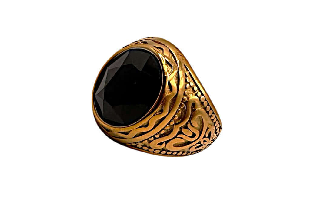 Men's Pastor Ring in Gold & Black featuring an ornate design with a large black stone and intricate details.