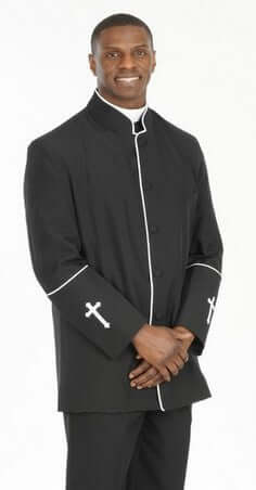Men's Preacher Clergy Jacket in Black & White worn by a man, featuring cross embroidery and contrast piping.