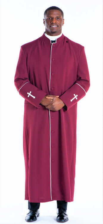 Men's Preacher Clergy Robe in Burgundy & White, full-length robe with cross detailing, elegant clergy fashion.