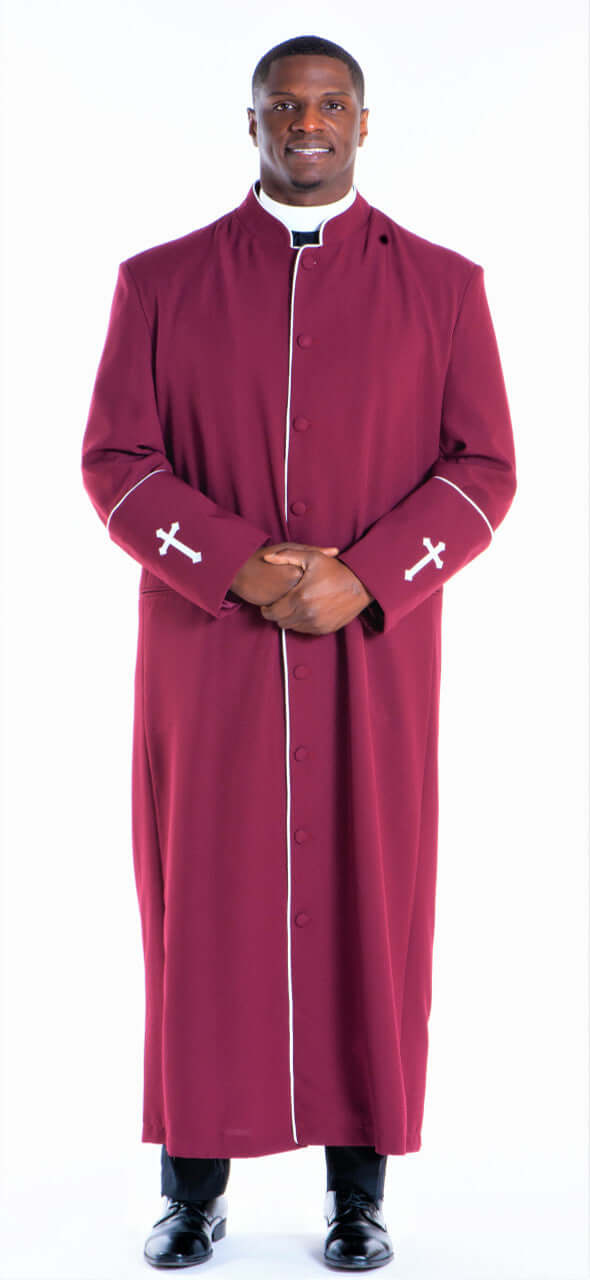 Men's Preacher Clergy Robe in Burgundy & White worn by a man, featuring embroidered crosses and contrast piping.