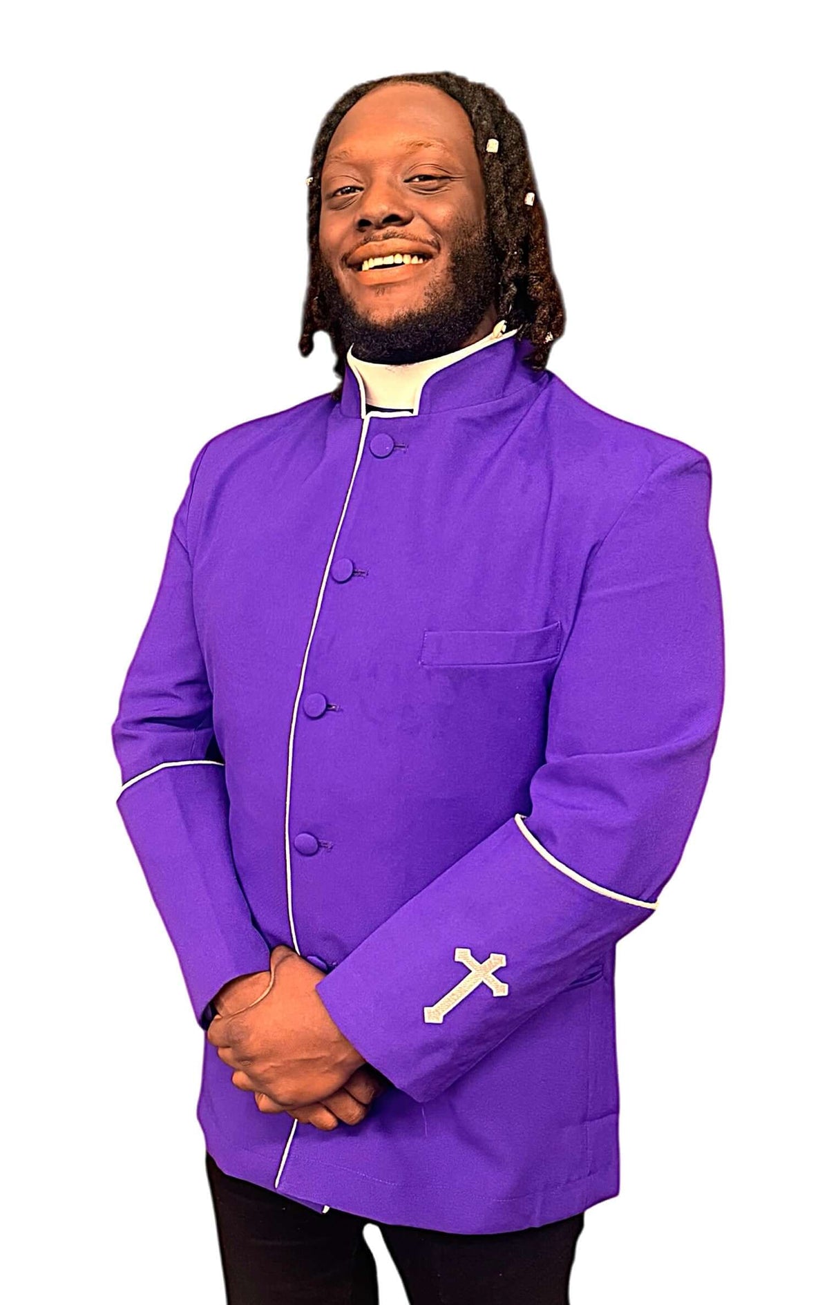 Men's Preacher Clergy Jacket in Purple & White worn by a smiling man, featuring embroidered cross details.