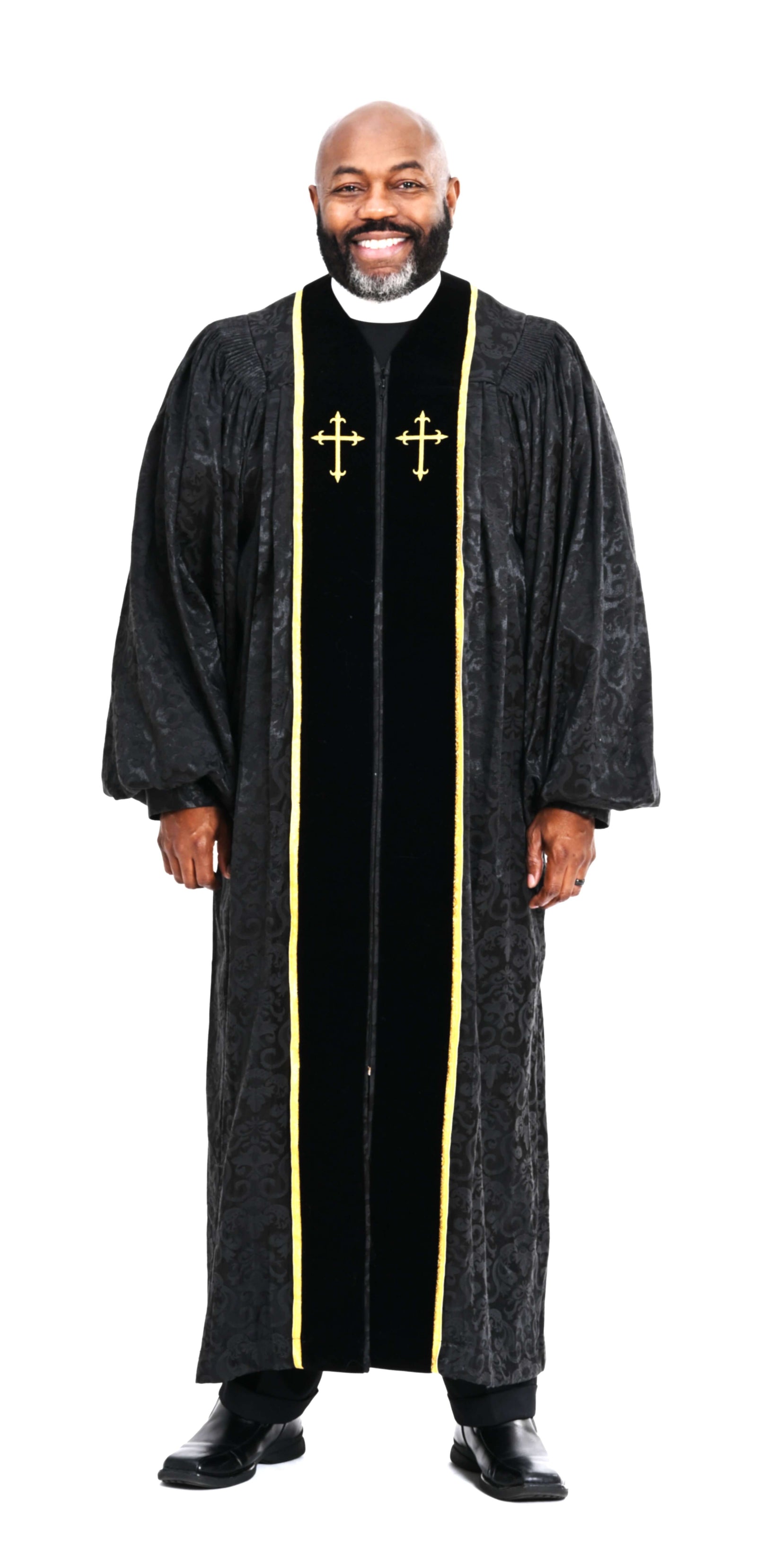 Men's RT Wesley Pulpit Robe in Black & Gold, stylish clergy wear featuring velvet and metallic accents.