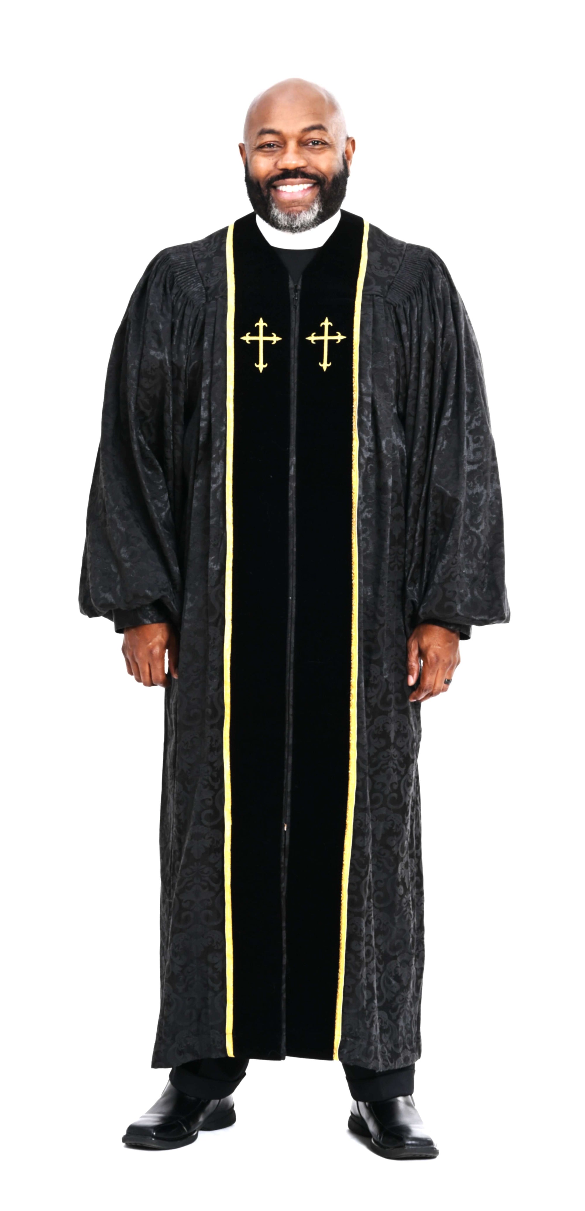 Men's RT Wesley Pulpit Robe in Black & Gold, stylish clergy wear featuring velvet and metallic accents.
