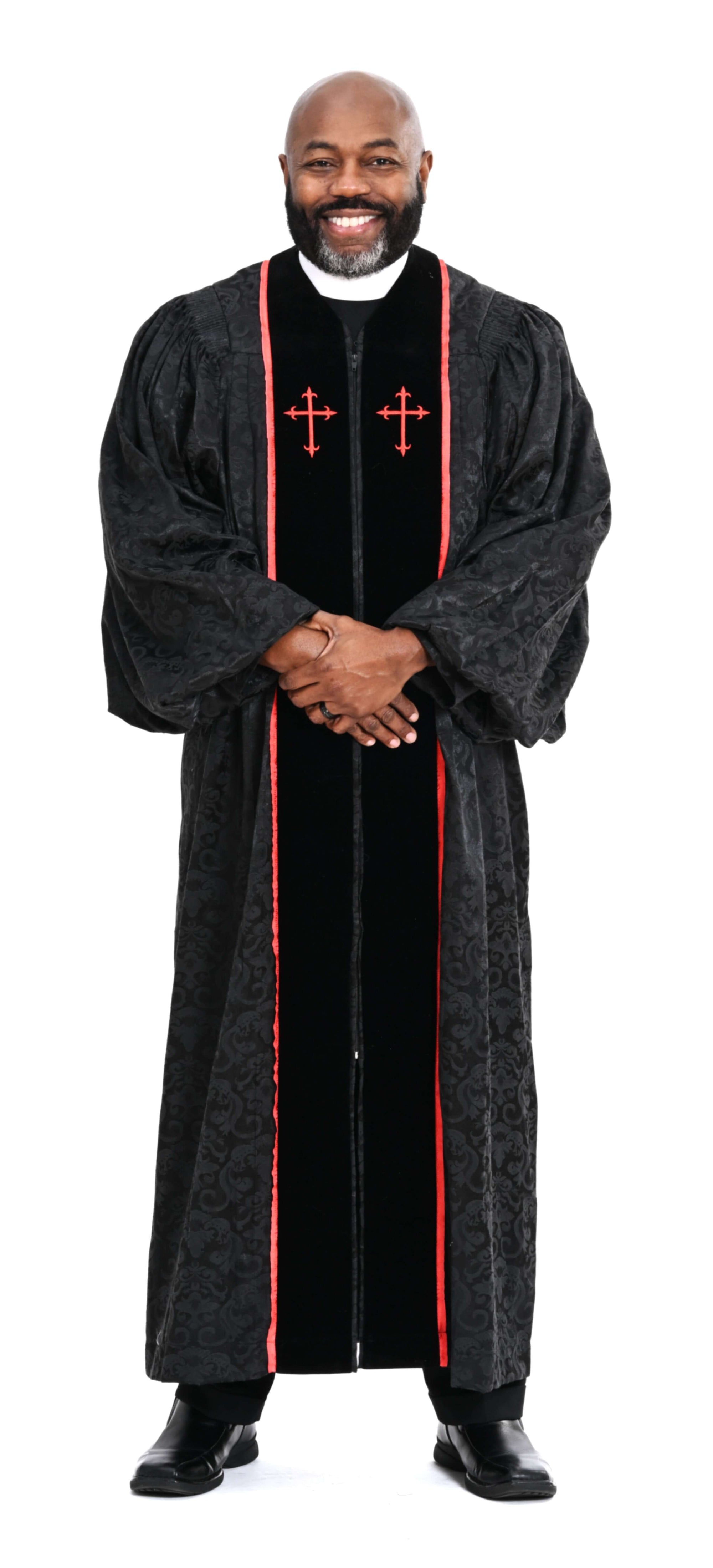 Men's RT Wesley Pulpit Robe in Black & Red worn by a man, showcasing metallic ribbon trim and flared crosses.