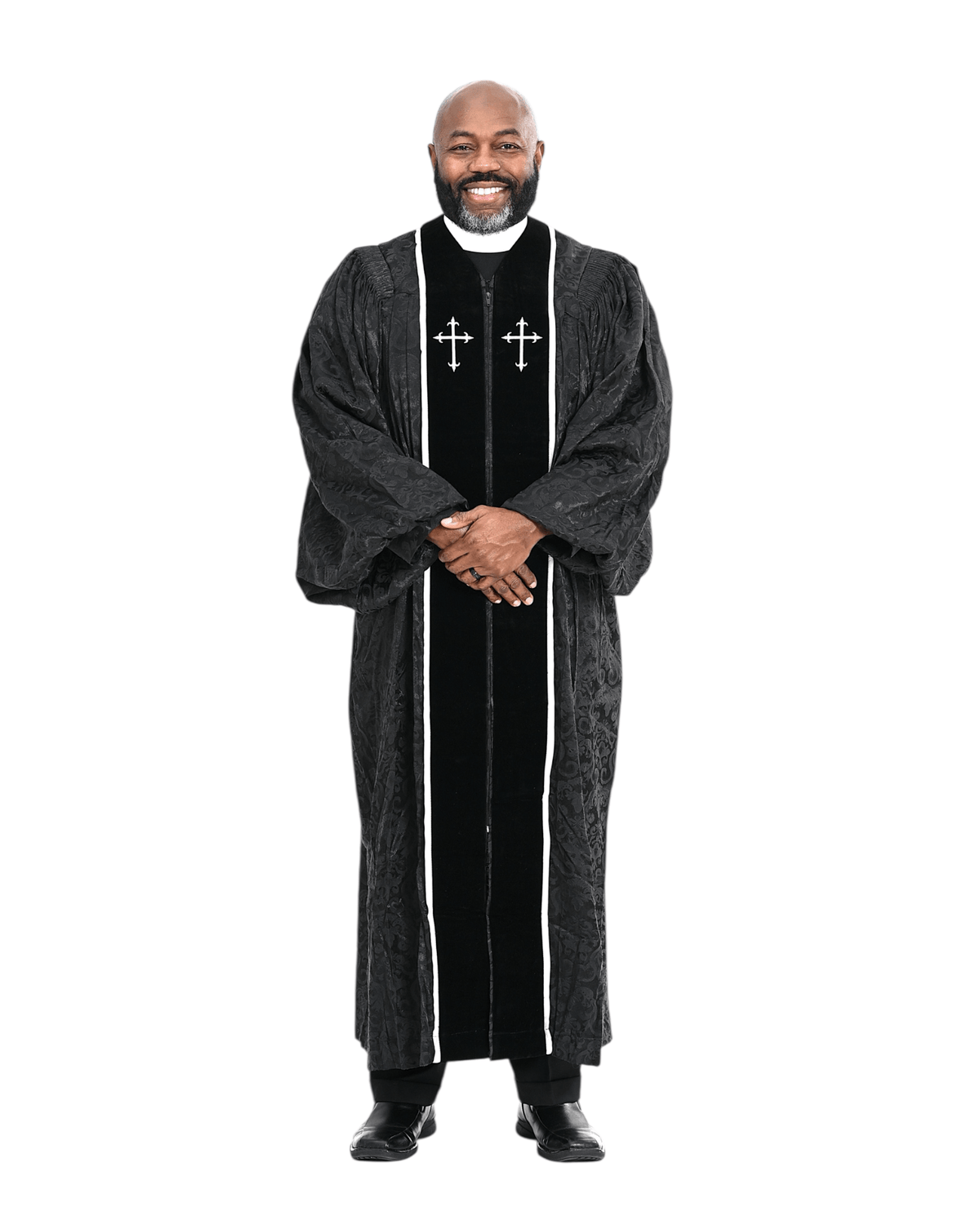 Men's RT Wesley Pulpit Robe in Black & White worn by a man with a friendly pose.