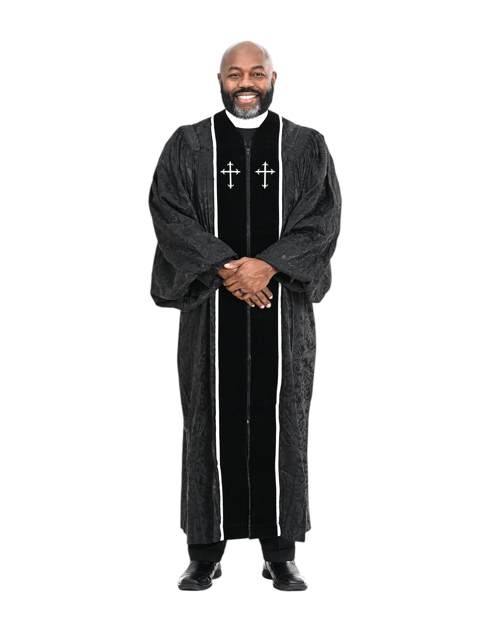 Men's RT Wesley Pulpit Robe in Black & White worn by a man with a friendly pose.