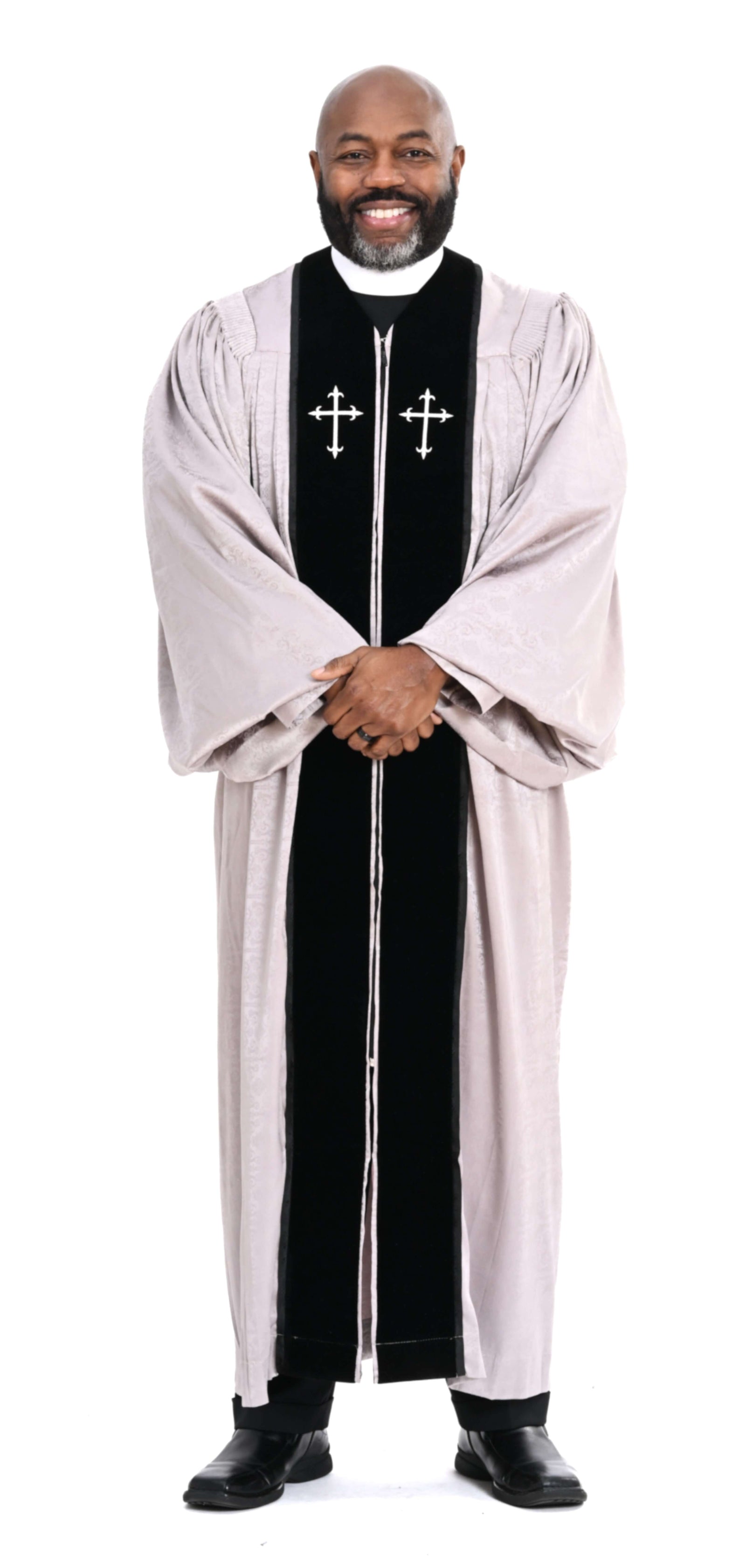 Men's RT Wesley Pulpit Robe in Gray & Black worn by a smiling man standing confidently.