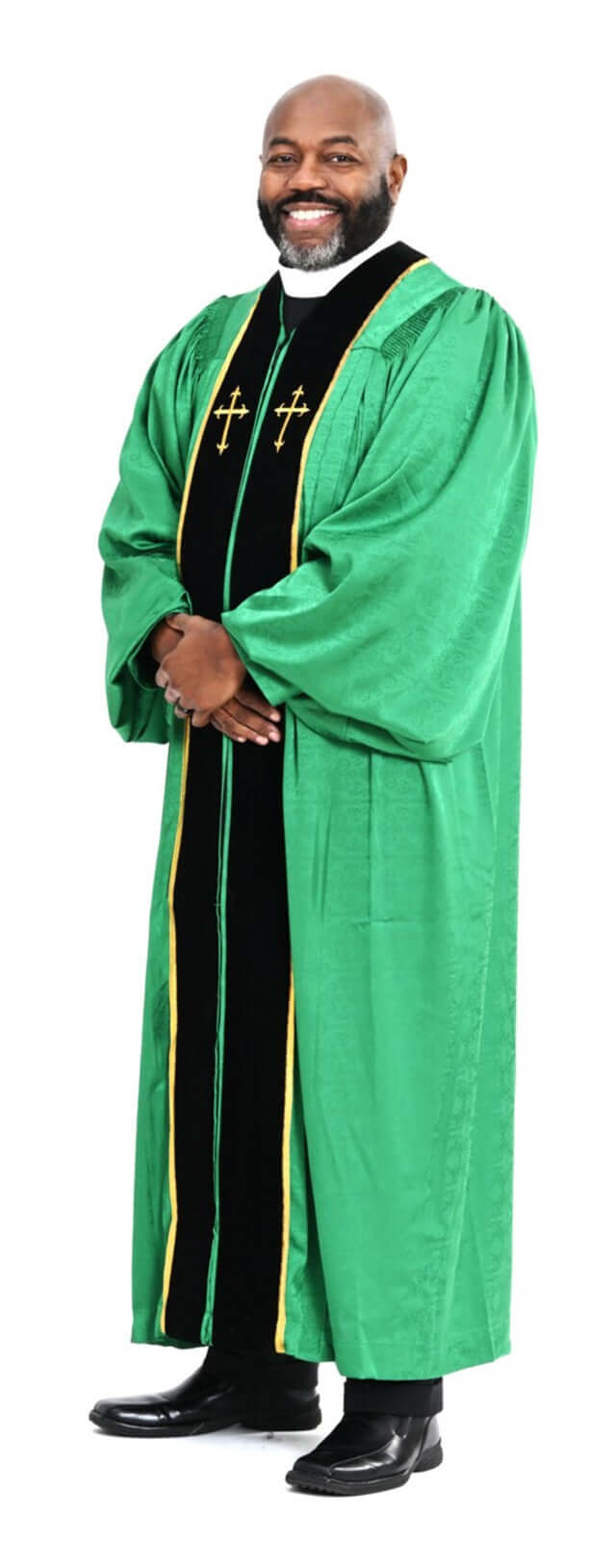 Men's RT Wesley Pulpit Robe in Green & Black worn by a smiling man with a beard, showcasing its elegant design.