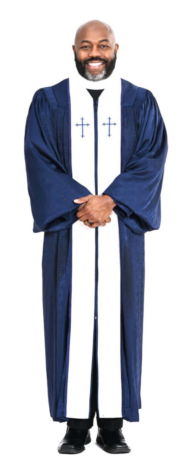 Men's RT Wesley Pulpit Robe in Navy & White worn by a smiling man standing confidently.
