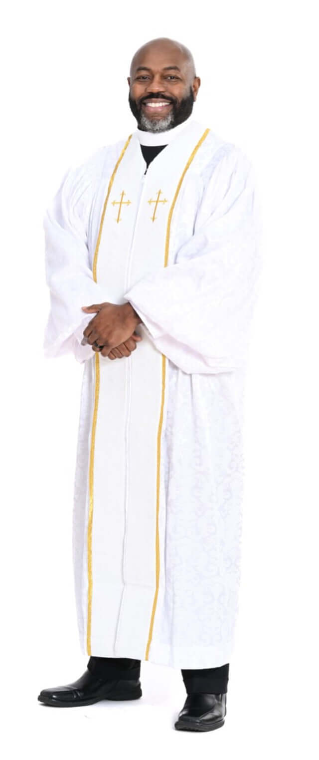 Men's RT Wesley Pulpit Robe in White & Gold worn by a smiling man with flared crosses and elegant design.