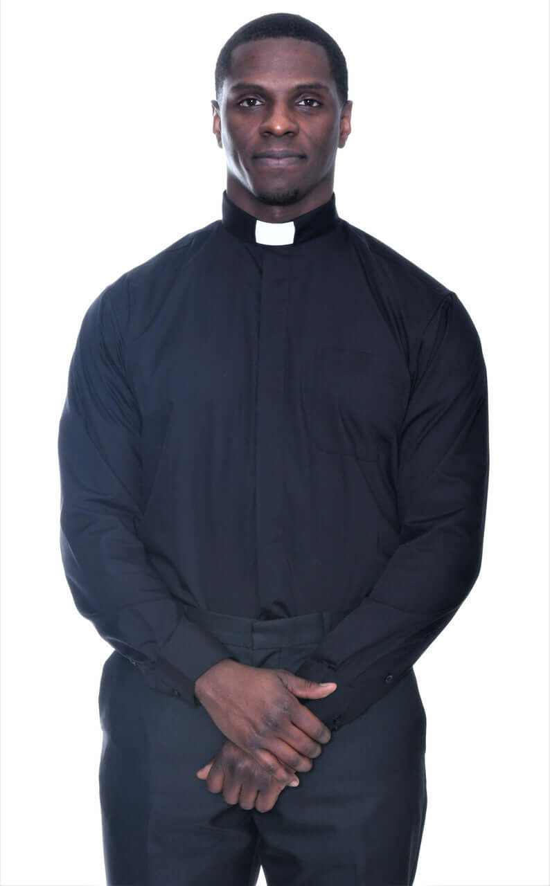 Men's Tab Collar Clergy Shirt in Black worn by a man, showcasing its classic style and professional appearance.