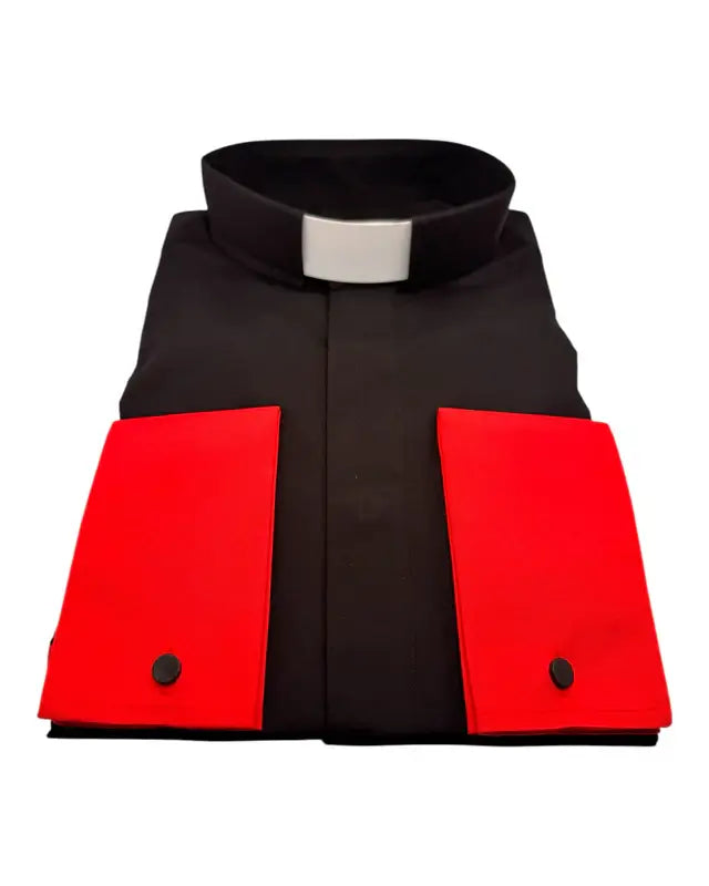 Men's Tab Collar French Cuff Clergy Shirt In Black & Red with contrasting red cuffs and collar.