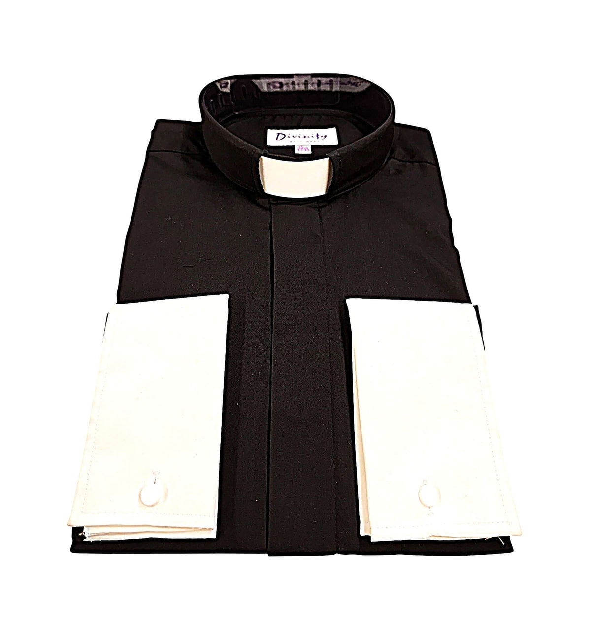 Men's Tab Collar Two-Tone French Cuff Clergy Shirt In Black & White folded with contrasting white cuffs.