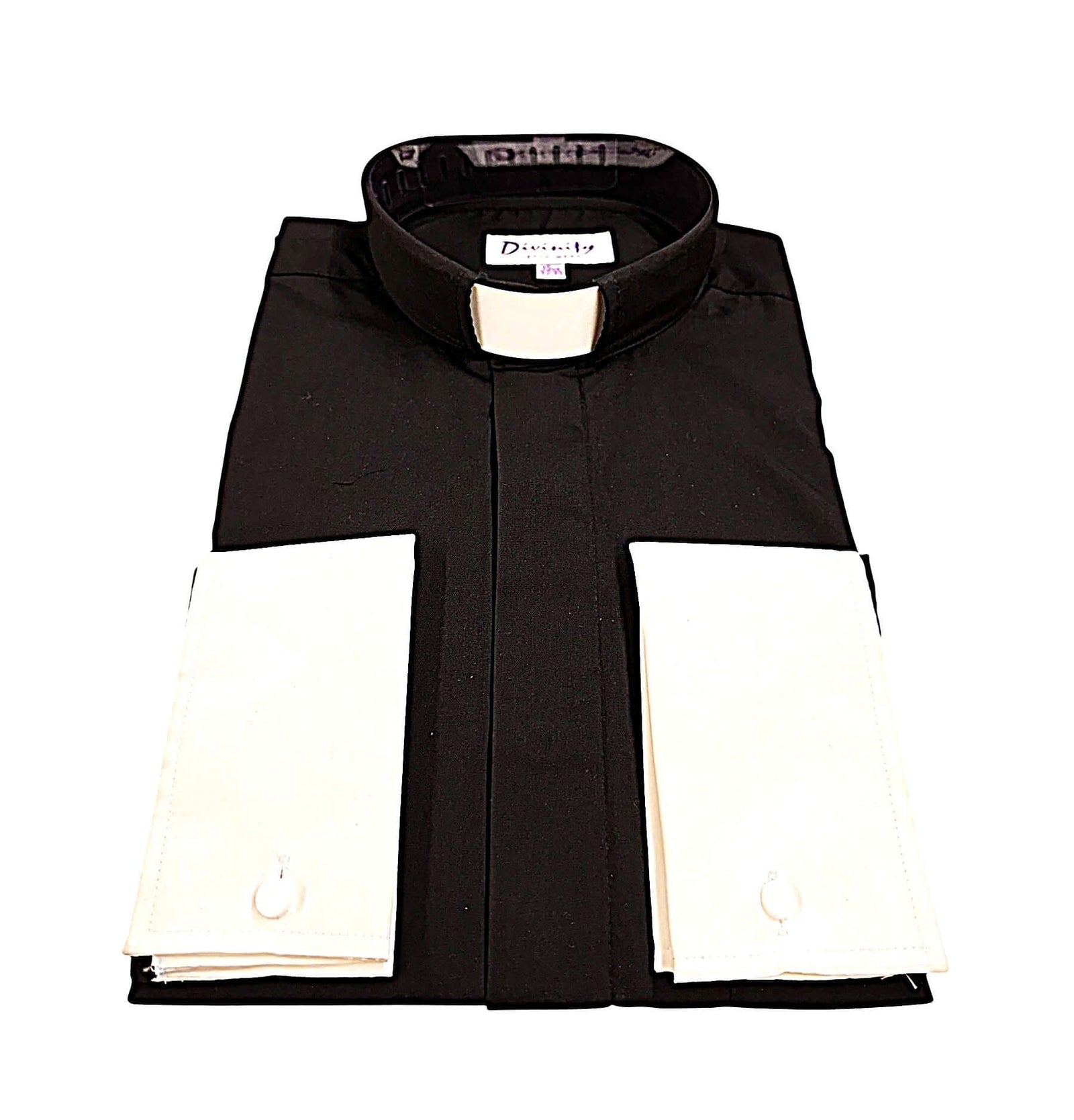 Men's Tab Collar Two-Tone French Cuff Clergy Shirt In Black & White folded with contrasting white cuffs.