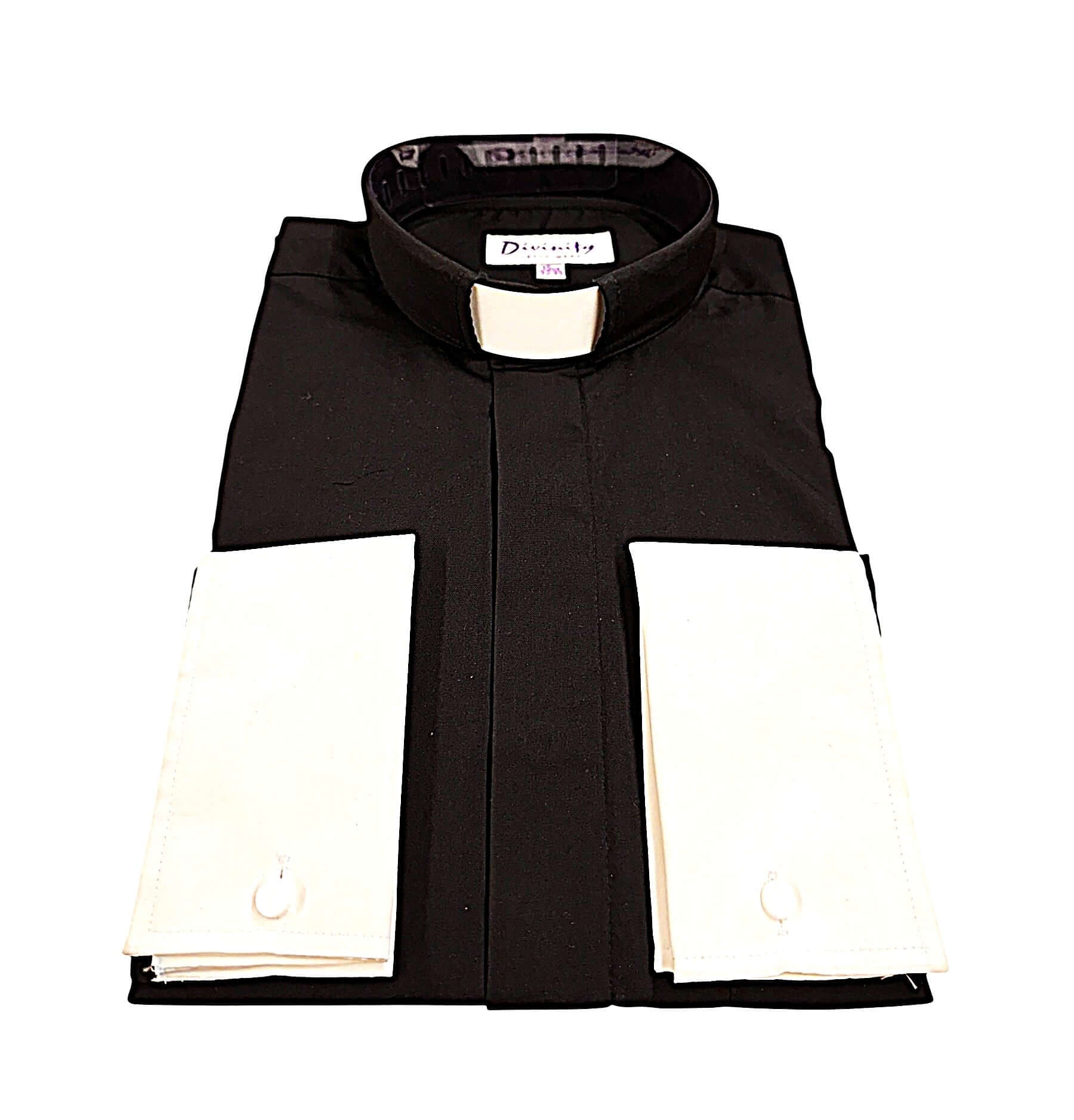 Men's Tab Collar Two-Tone French Cuff Clergy Shirt In Black & White folded with contrasting white cuffs.