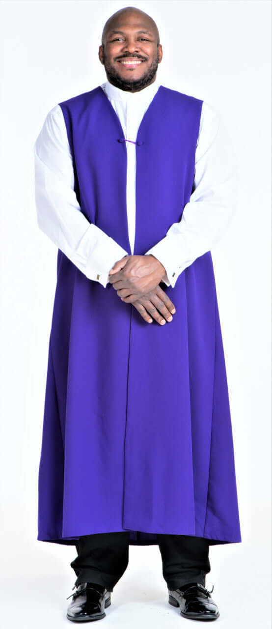 Men's Traditional Chimere In Purple worn by a smiling man, showcasing its elegant design and full-length fit.