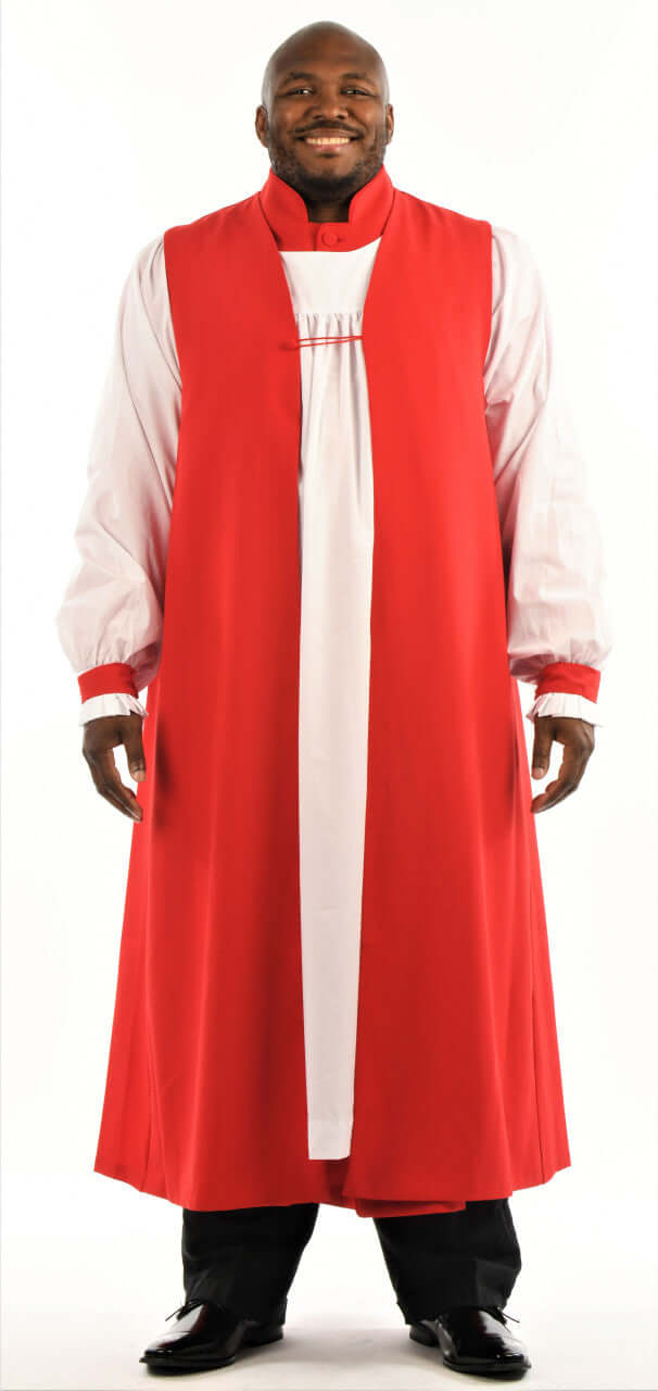 Men's Traditional Chimere In Red worn by a man, featuring a full-length design with pleated shoulders.
