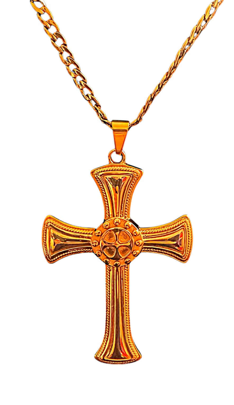 Pectoral Cross & Chain Set In Gold featuring an elegant gold-plated design with intricate details.