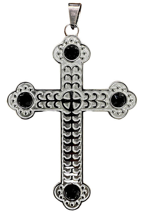 Pectoral Cross & Chain Set In Silver with Black Set Stones - Double Sided