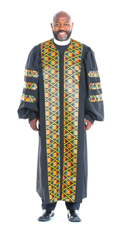 Heritage Pulpit Robe in Kente &amp; Black with Doctoral Bars