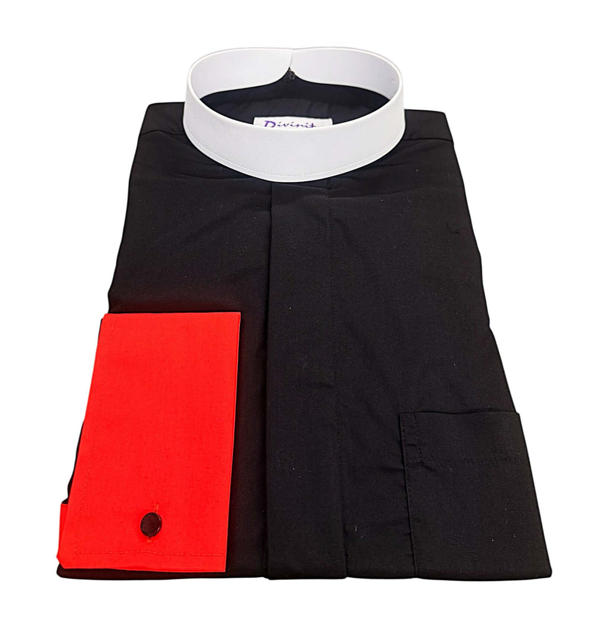 Two-Tone French Cuff Banded Collar Clergy Shirt In Black & Red with white collar and red cuffs folded.